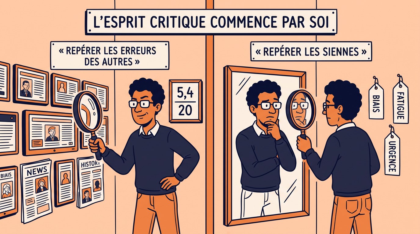 Dessin en ligne claire aux contours bleu nuit : une pièce coupée en deux par une cloison. À gauche, sous un panneau « repérer les erreurs des autres », un homme braque une grande loupe sur un mur d'articles et de portraits, l'air sûr de lui, à côté d'un cadre affichant le score 5,4 sur 20. À droite, sous un panneau « repérer les siennes », le même homme a retourné la loupe vers un miroir et s'observe, pensif, près de trois étiquettes suspendues : biais, fatigue, urgence. Au-dessus, un panneau : « l'esprit critique commence par soi ».