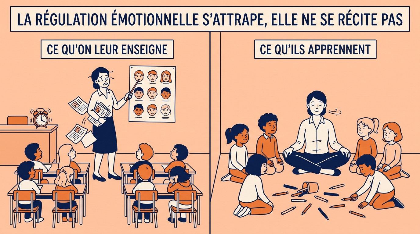 Dessin en ligne claire aux contours bleu nuit : une salle de classe coupée en deux. À gauche, sous un panneau « ce qu'on leur enseigne », une enseignante tendue et débordée désigne un poster de visages d'émotions pendant que des copies lui échappent et qu'un réveil sonne, devant des élèves assis en rangs sans réaction. À droite, sous un panneau « ce qu'ils apprennent », la même enseignante est assise calmement au sol au milieu des enfants après qu'un pot de crayons s'est renversé, et les élèves l'observent pendant que l'un d'eux ramasse les crayons. En haut : « la régulation émotionnelle s'attrape, elle ne se récite pas ».