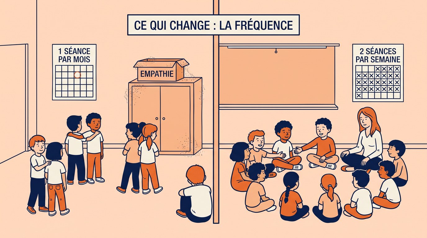 Dessin en ligne claire aux contours bleu nuit : une salle de classe d'école élémentaire coupée en deux par une cloison. À gauche, un calendrier « 1 séance par mois » avec une seule date entourée, une boîte étiquetée « empathie » poussiéreuse sur une armoire, des élèves répartis en petits groupes séparés et un enfant assis seul de dos. À droite, un calendrier « 2 séances par semaine » couvert de croix, les élèves assis en cercle au sol avec leur enseignante, l'un d'eux tendant la main vers l'enfant isolé. Au-dessus de la cloison, un panneau : « ce qui change : la fréquence ».