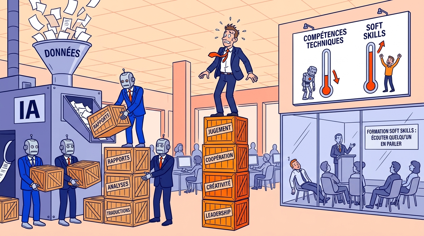 Dessin en ligne claire aux contours bleu nuit : dans un open space, des robots en costume bleu empilent des caisses sorties d'une machine étiquetée IA, pendant qu'un cadre humain se tient en équilibre sur une pile de caisses orange marquées jugement, coopération, créativité et leadership. Au mur, deux thermomètres opposent des compétences techniques en baisse à des soft skills en hausse.