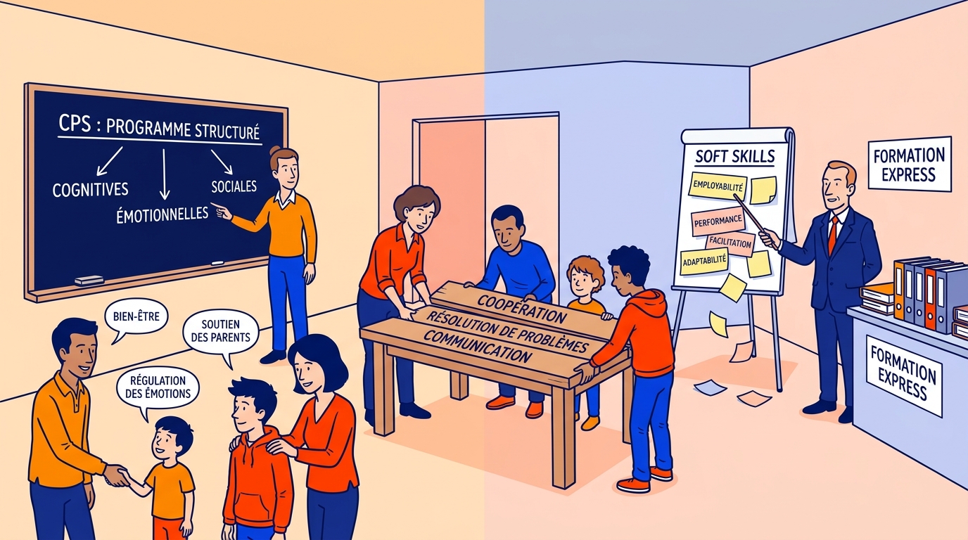Dessin en ligne claire aux contours bleu nuit : dans une même salle, une enseignante montre au tableau un schéma intitulé CPS, programme structuré, ramifié en compétences cognitives, émotionnelles et sociales ; au centre, des adultes et des jeunes assemblent une table avec des planches marquées coopération, communication et résolution de problèmes ; à droite, un formateur en costume désigne un paperboard soft skills dont les étiquettes se décollent et tombent.