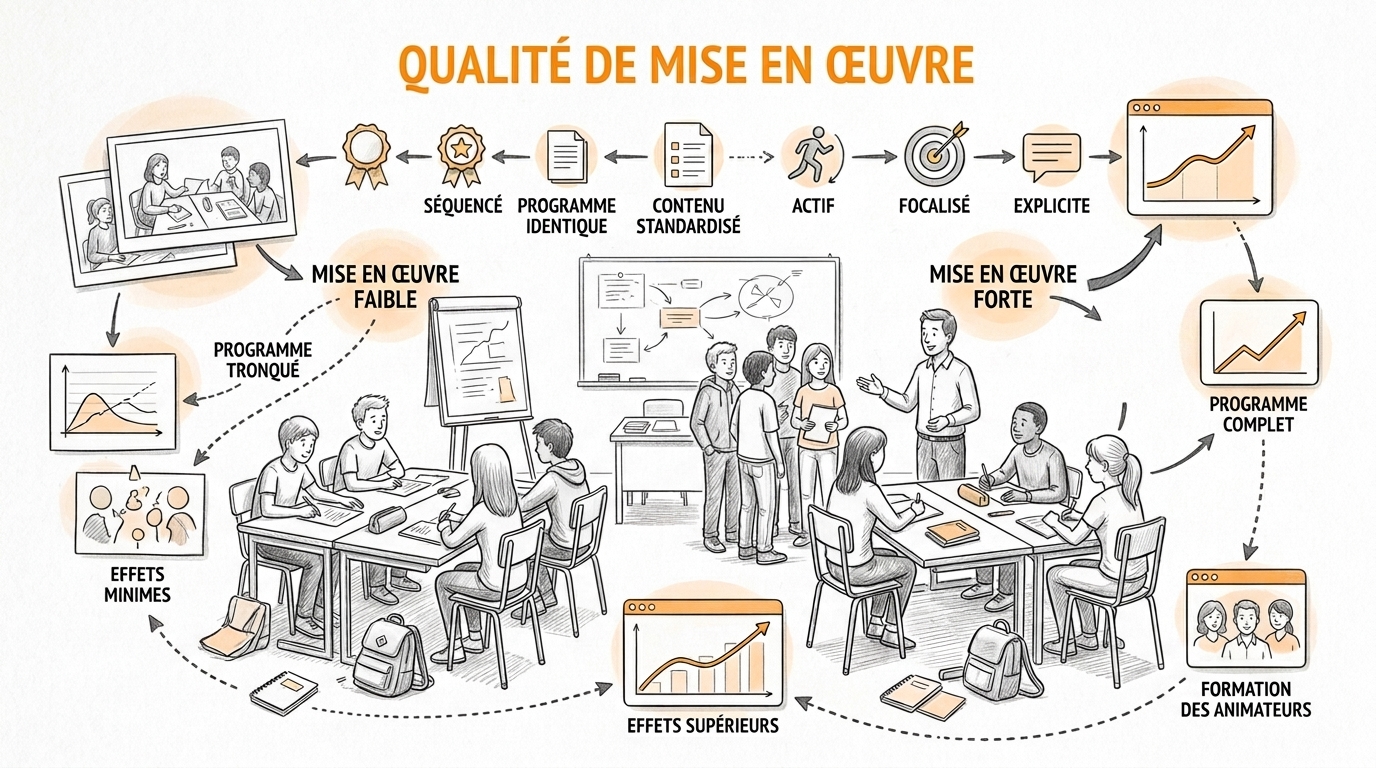 Croquis au crayon d'une salle de classe : des adolescents autour de tables d'élèves et un animateur devant un paperboard, reliés par un schéma fléché qui oppose une mise en œuvre faible, aux effets minimes, à une mise en œuvre forte, aux effets supérieurs.