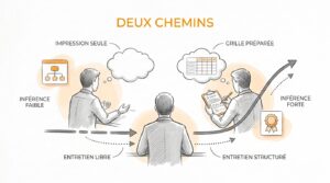 Croquis au crayon en niveaux de gris rehaussé d'orange : un même entretien d'embauche mène à deux chemins. À gauche, un recruteur qui juge à l'impression, relié à un flux en pointillés qui s'interrompt. À droite, un recruteur qui note sur une grille posée sur un porte-bloc, relié à une courbe qui monte.