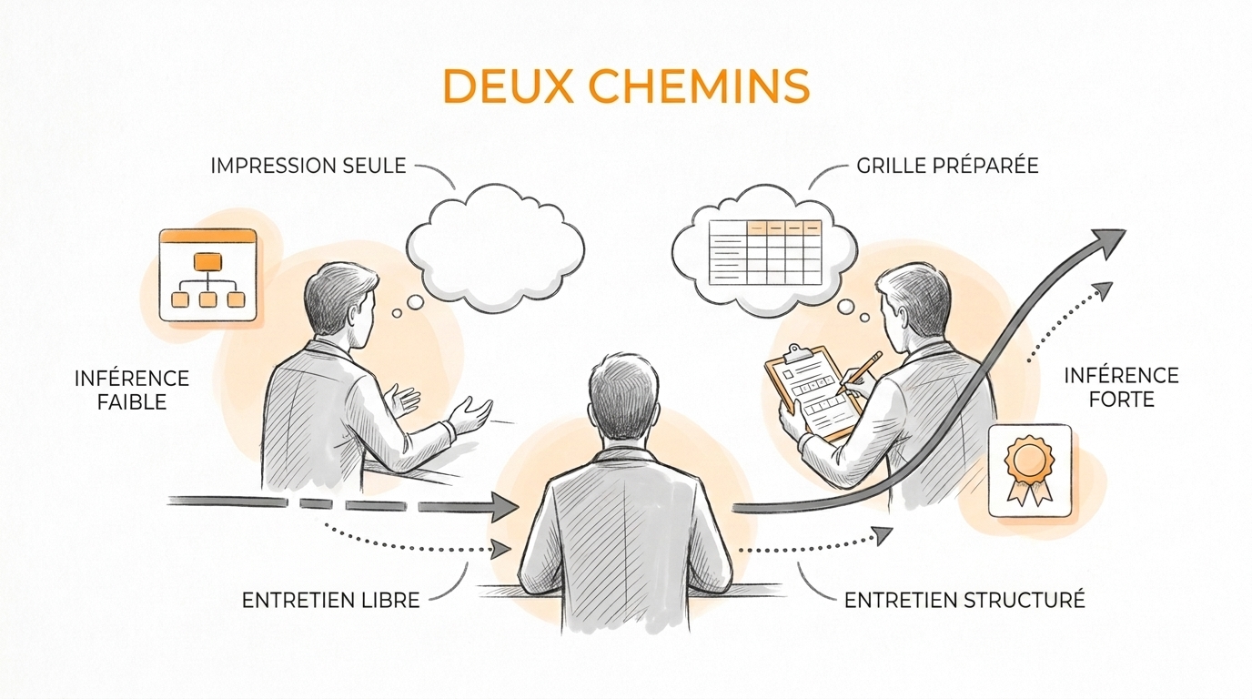 Croquis au crayon en niveaux de gris rehaussé d'orange : un même entretien d'embauche mène à deux chemins. À gauche, un recruteur qui juge à l'impression, relié à un flux en pointillés qui s'interrompt. À droite, un recruteur qui note sur une grille posée sur un porte-bloc, relié à une courbe qui monte.