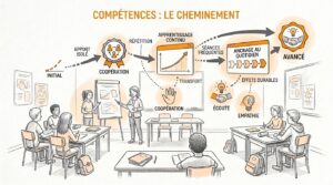 Croquis au crayon en niveaux de gris rehaussé d'orange : dans une salle de classe où des adolescents travaillent en groupes autour d'une animatrice et d'un paperboard, un schéma relie par des flèches un apport isolé, une phase de répétition, une courbe de progression, des séances fréquentes et un ancrage au quotidien, jusqu'à des effets durables.
