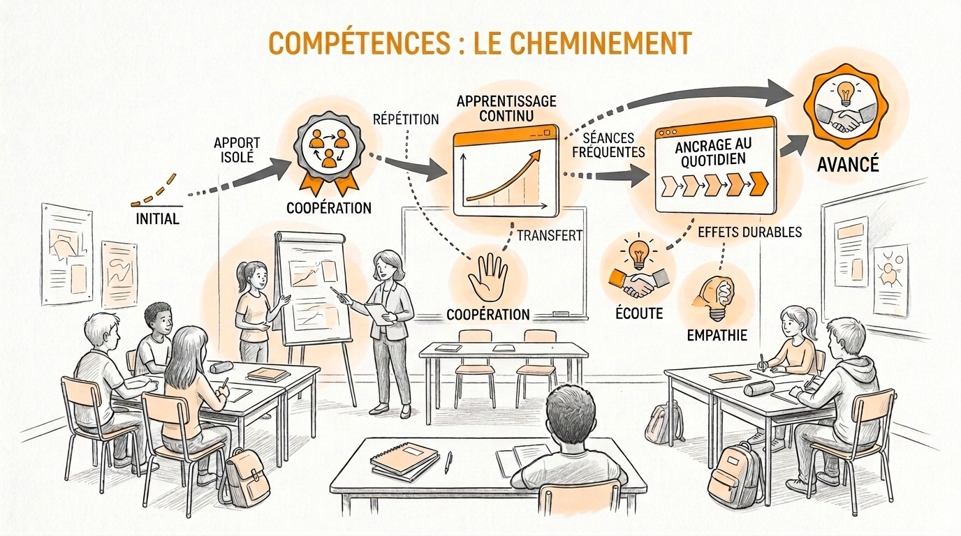 Croquis au crayon en niveaux de gris rehaussé d'orange : dans une salle de classe où des adolescents travaillent en groupes autour d'une animatrice et d'un paperboard, un schéma relie par des flèches un apport isolé, une phase de répétition, une courbe de progression, des séances fréquentes et un ancrage au quotidien, jusqu'à des effets durables.