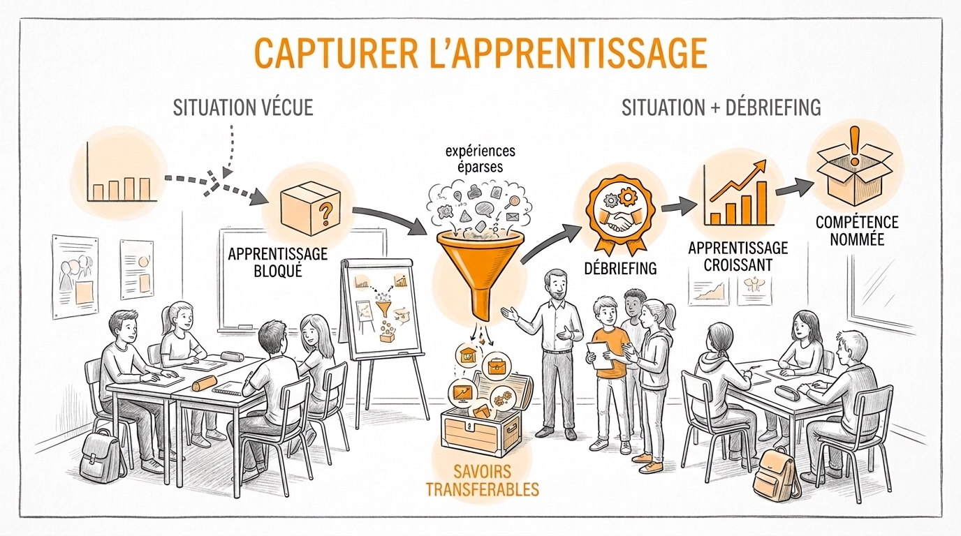 Croquis au crayon d'une salle de classe : des adolescents autour d'un animateur ; un schéma relie une situation vécue et un apprentissage bloqué à un entonnoir orange qui filtre des expériences éparses en savoirs transférables, puis un badge débriefing, une courbe croissante et une compétence nommée.