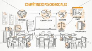Croquis au crayon d'une salle de classe vide, tables, paperboard et tableau blanc ; au-dessus, un schéma orange relie six pictogrammes annotés émotions, communication, relations, respect, demande d'aide et consentement sous le titre compétences psychosociales.