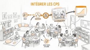 Croquis au crayon en niveaux de gris rehaussé d'orange : dans la salle d'activité d'un accueil de loisirs, des enfants et des adolescents jouent et travaillent en petits groupes autour de tables rondes avec deux animateurs, pendant qu'un schéma relie un point isolé, un enchaînement devenu cohérent, un repère hors temps scolaire et un temps d'accompagnement jusqu'à une courbe de progression renforcée.