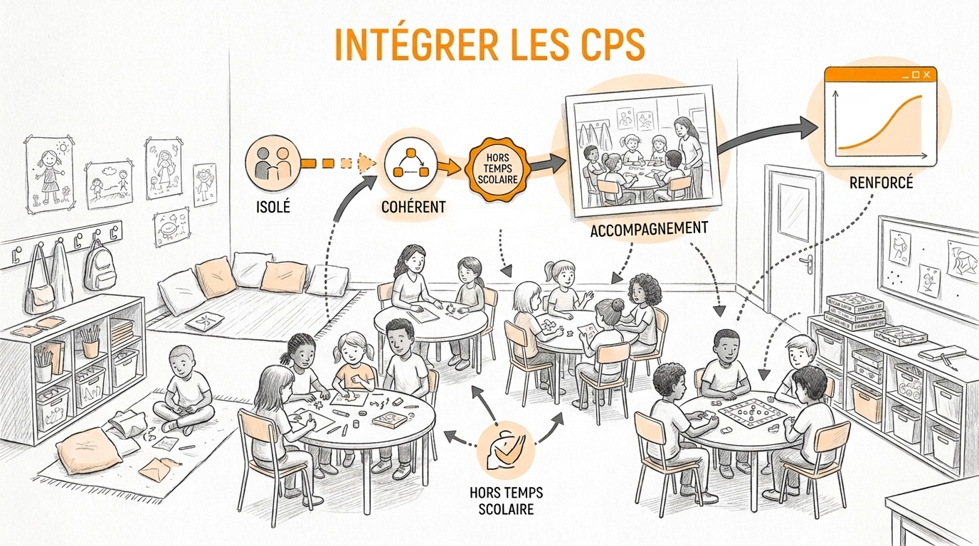 Croquis au crayon en niveaux de gris rehaussé d'orange : dans la salle d'activité d'un accueil de loisirs, des enfants et des adolescents jouent et travaillent en petits groupes autour de tables rondes avec deux animateurs, pendant qu'un schéma relie un point isolé, un enchaînement devenu cohérent, un repère hors temps scolaire et un temps d'accompagnement jusqu'à une courbe de progression renforcée.