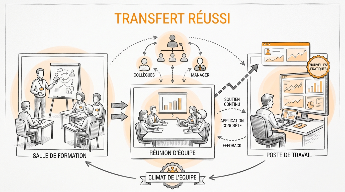 Croquis au crayon sur papier blanc : trois scènes d'entreprise reliées par des flèches, de la salle de formation à la réunion d'équipe puis au poste de travail, soutenues par les collègues, le manager et le climat de l'équipe, sous le titre orange « Transfert réussi »