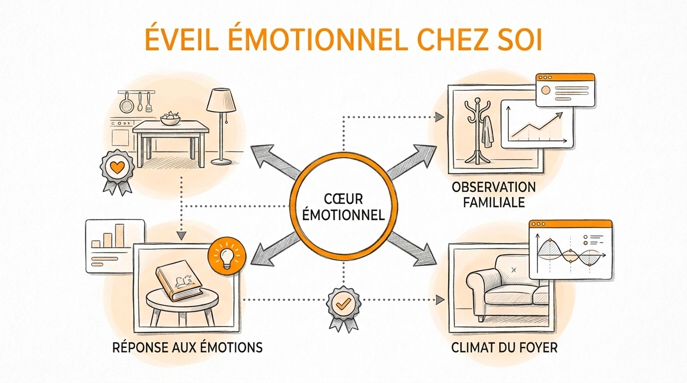 Croquis au crayon sur papier blanc : au centre, un cercle orange « Cœur émotionnel » relié par des flèches à trois scènes de maison sans personnage, légendées « Observation familiale », « Réponse aux émotions » et « Climat du foyer », sous le titre orange « Éveil émotionnel chez soi »