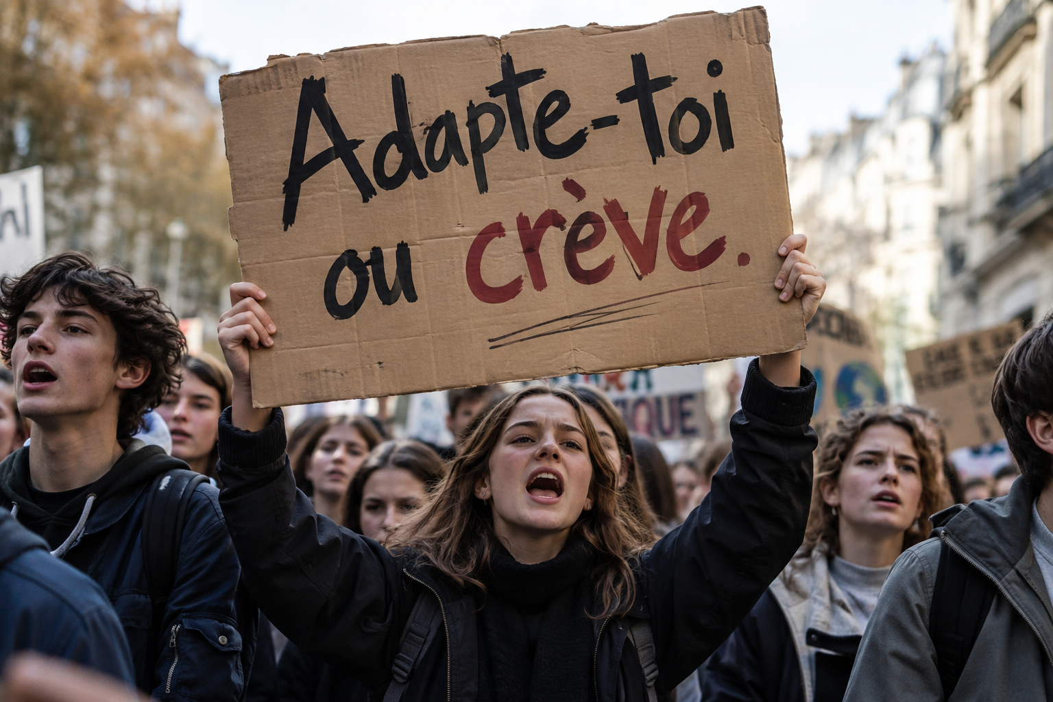 Manifestation de jeunes dans une rue de ville. Au premier plan, une jeune femme brandit une pancarte en carton sur laquelle est écrit « Adapte-toi ou crève. »